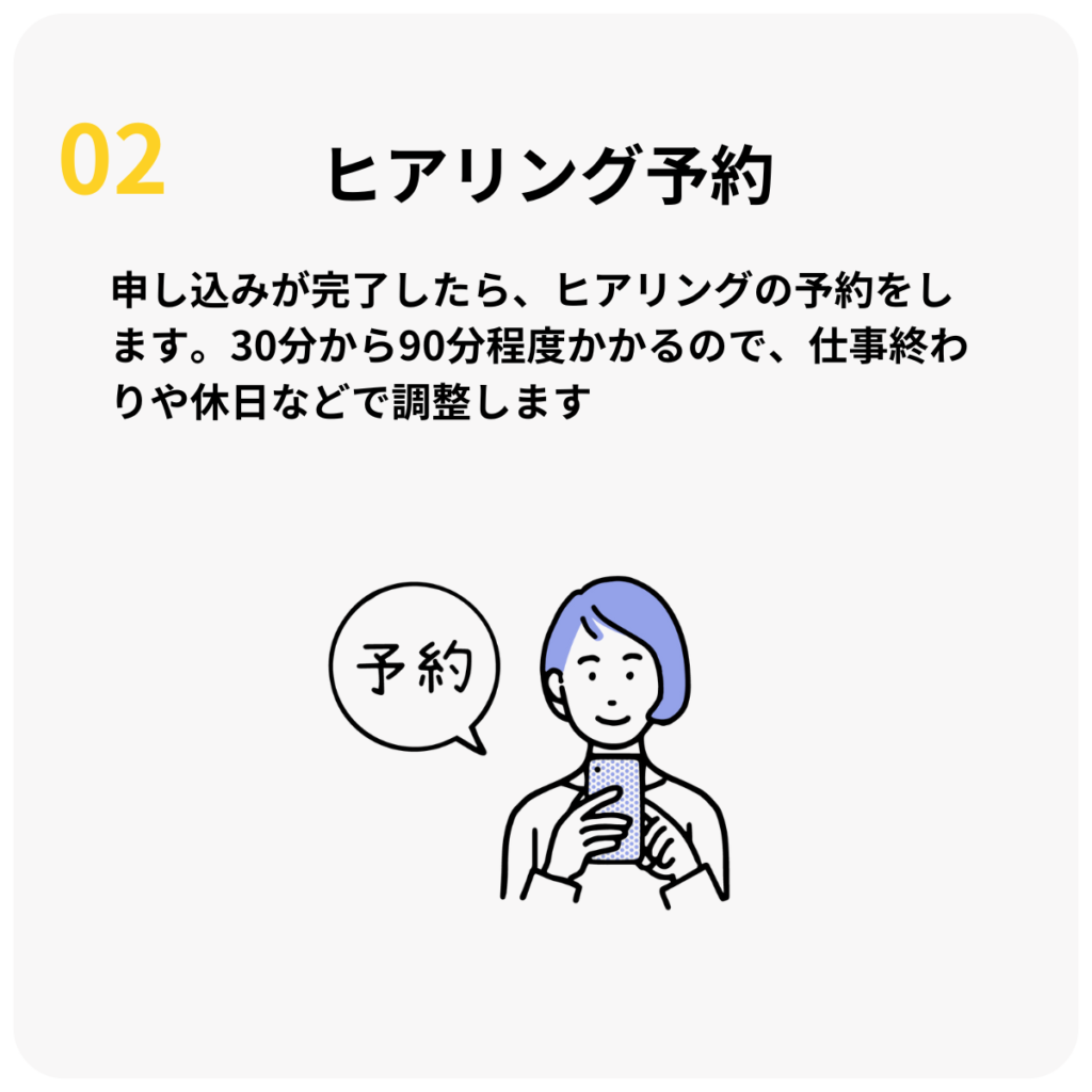 STEP2:ヒアリング予約
申し込みが完了したら、ヒアリングの予約をします。30分から90分程度かかるので、仕事終わりや休日などで調整します