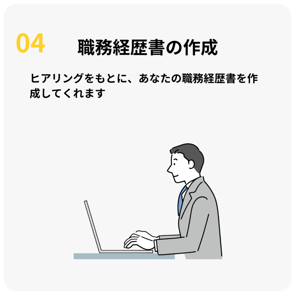 STEP4:職務経歴書の作成
ヒアリングをもとに、あなたの職務経歴書を作成してくれます